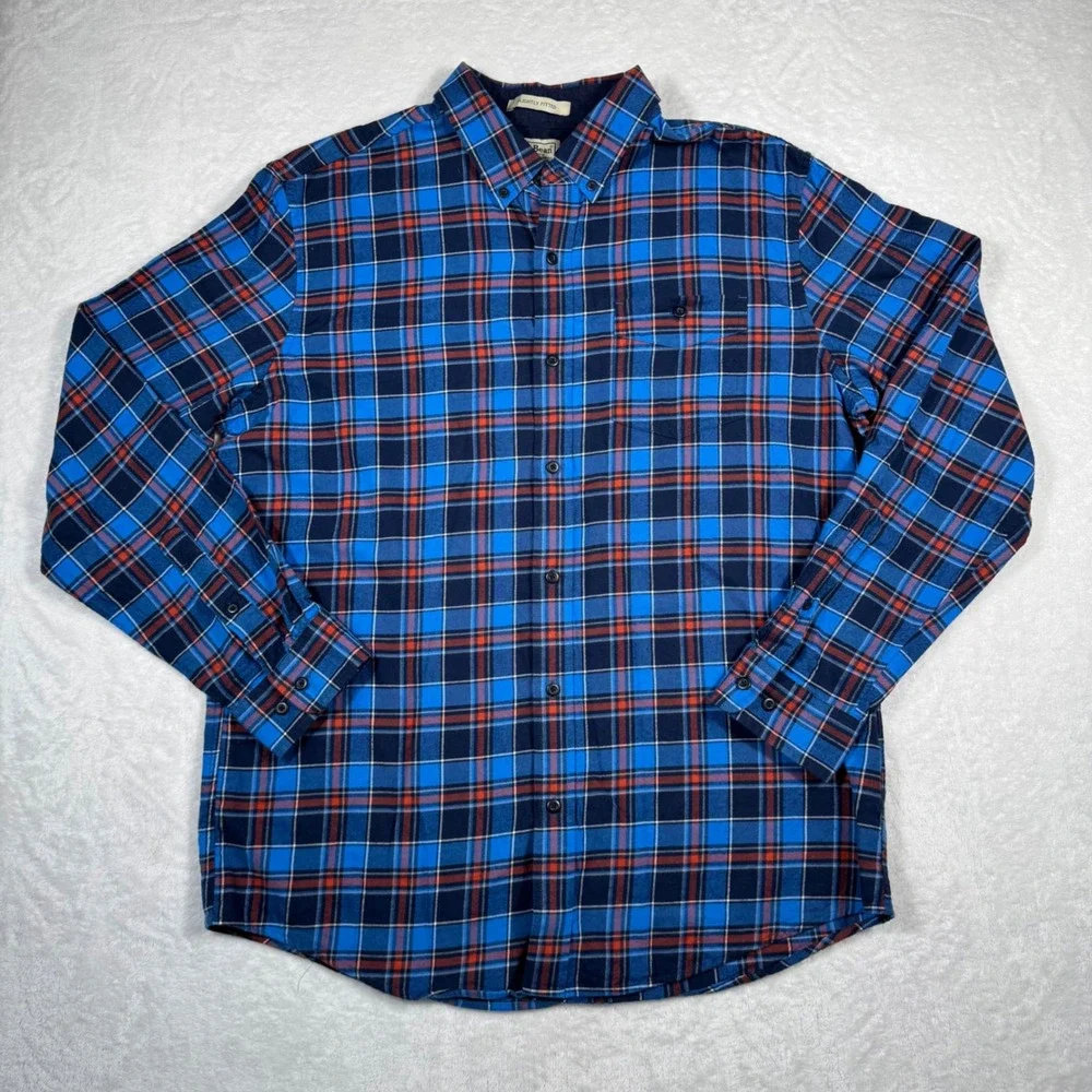 LL‎ Bean Mens Slightly Fitted Flannel Shirt Large Blue Plaid Cotton Long Sleeve